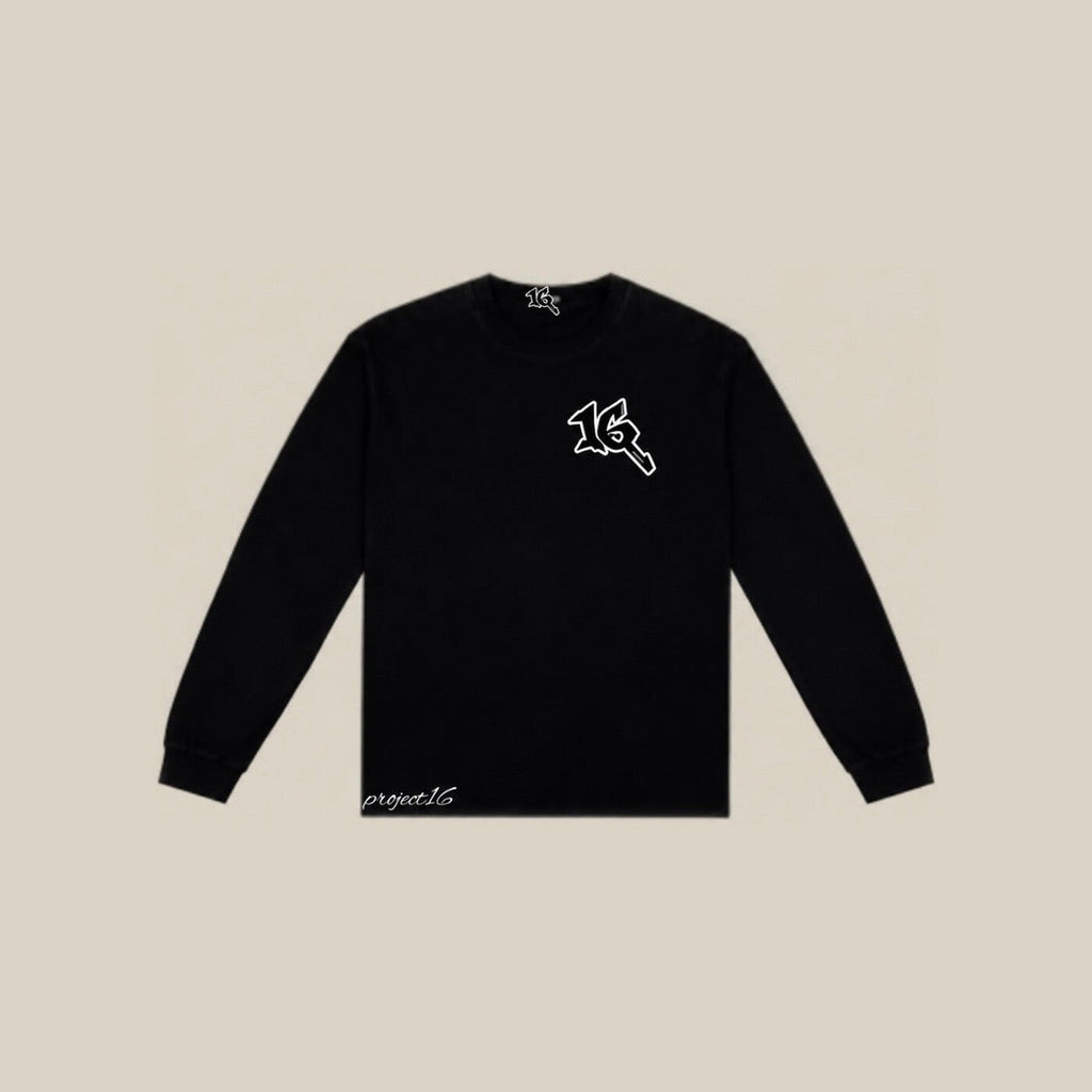 P16 Long Sleeve in black, front, with the 16 mark on the chest