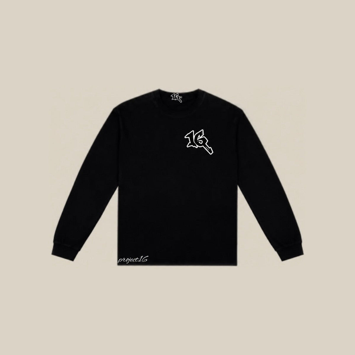 P16 Long Sleeve in black, front, with the 16 mark on the chest
