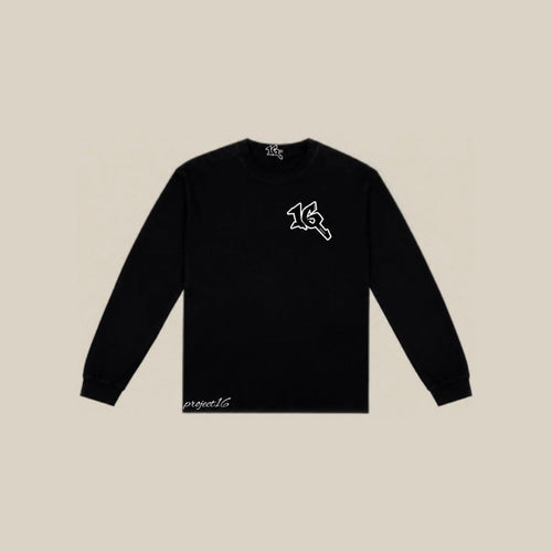 P16 Long Sleeve in black, front, with the 16 mark on the chest