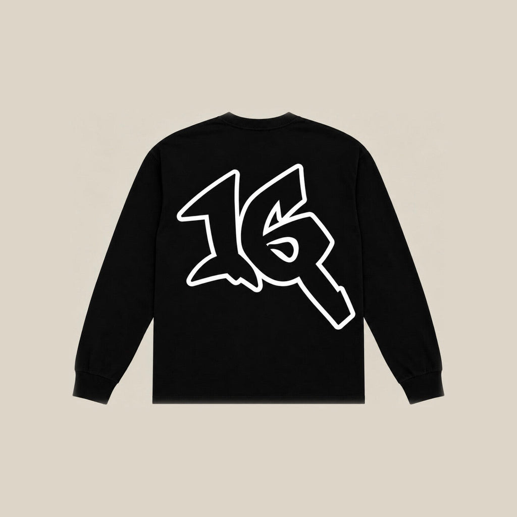 P16 Long Sleeve in black, back, with the large 16 mark