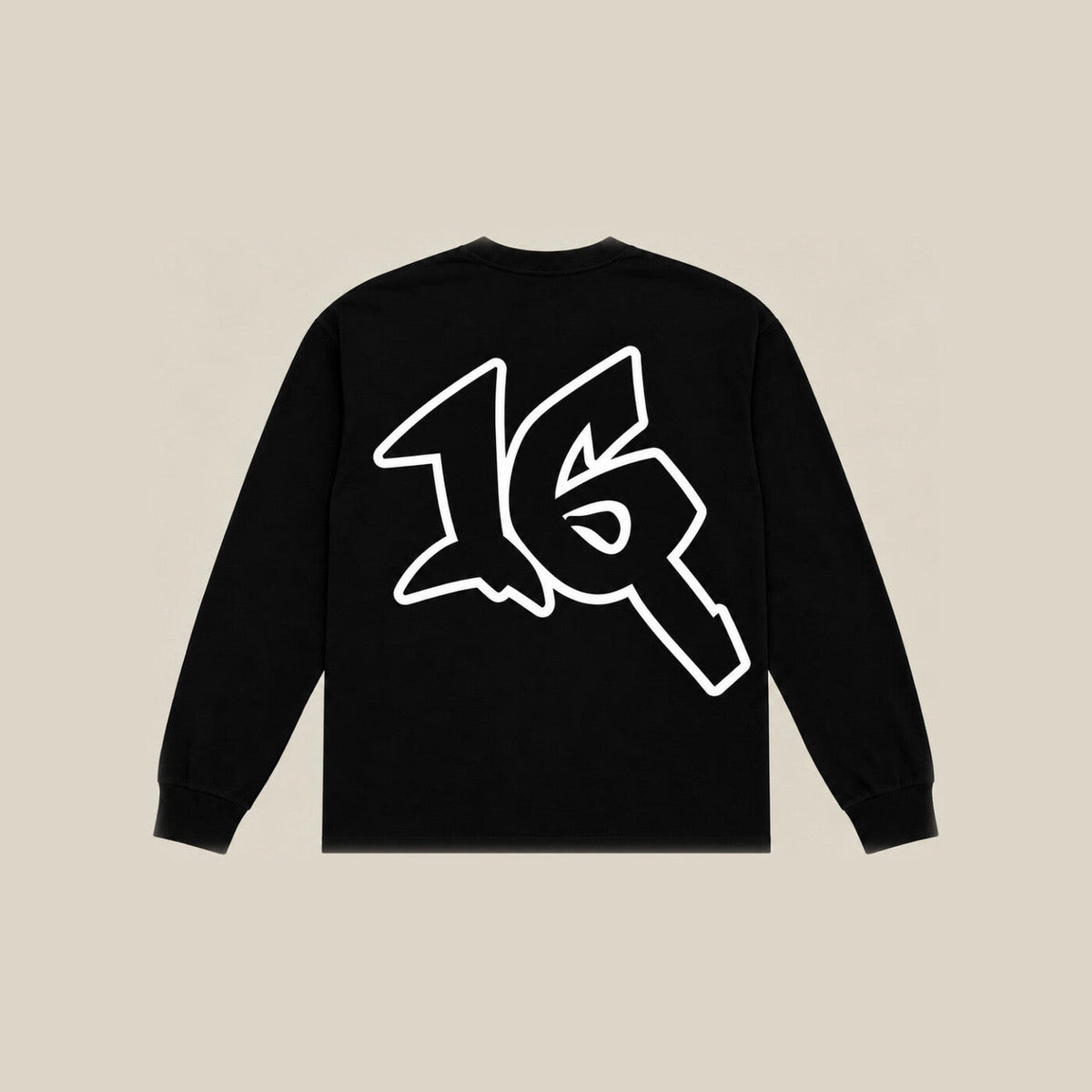 P16 Long Sleeve in black, back, with the large 16 mark