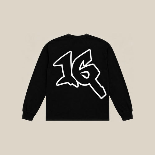 P16 Long Sleeve in black, back, with the large 16 mark