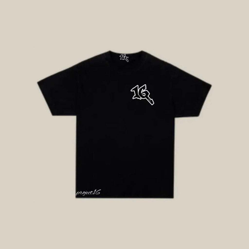 P16 Shirt in black, front, with the 16 mark on the chest
