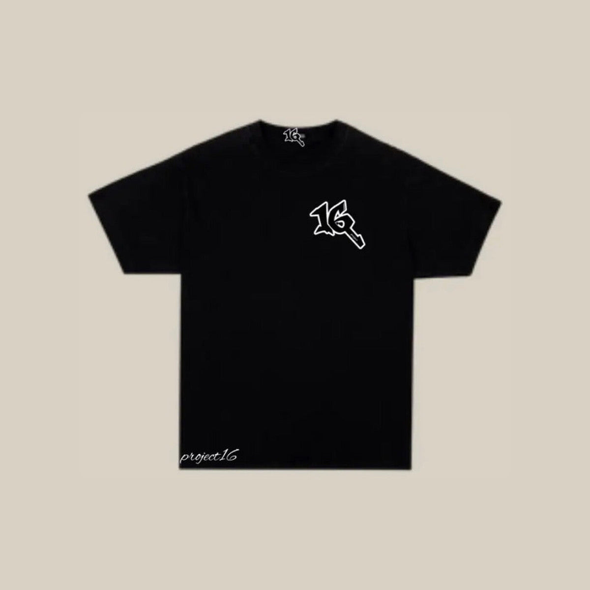 P16 Shirt in black, front, with the 16 mark on the chest