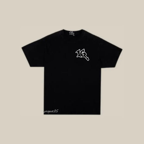 P16 Shirt in black, front, with the 16 mark on the chest