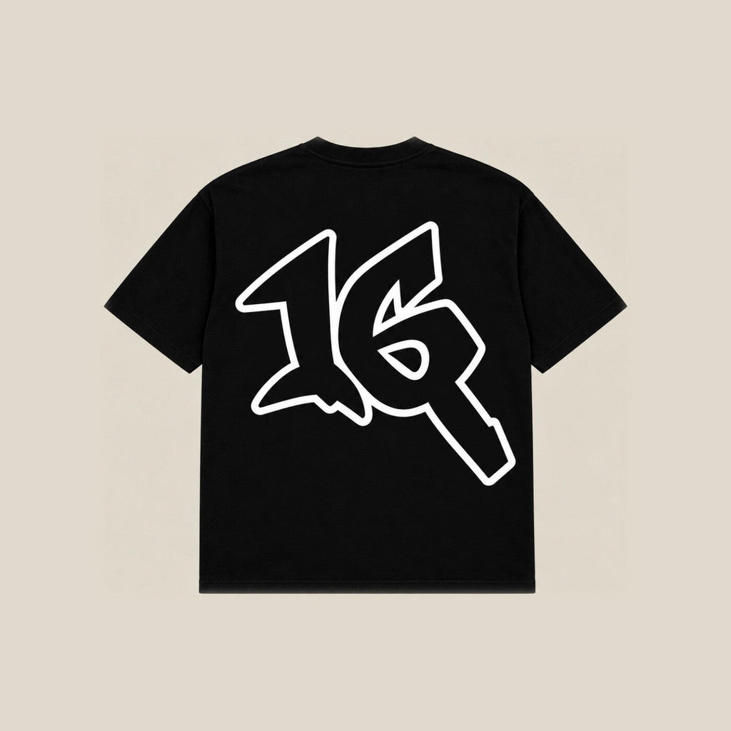P16 Shirt in black, back, with the large 16 mark