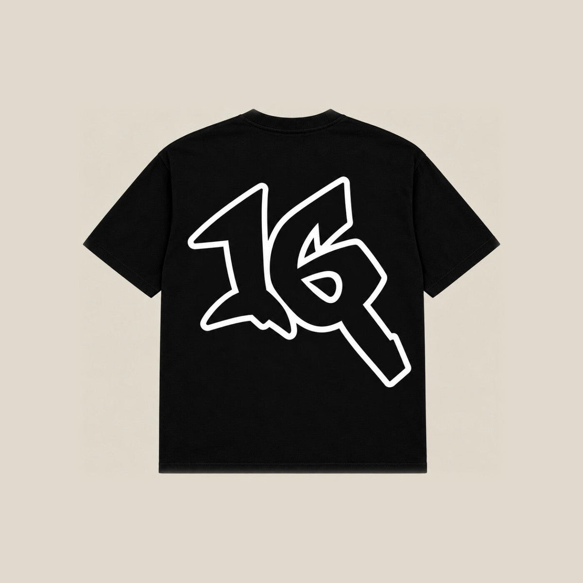 P16 Shirt in black, back, with the large 16 mark