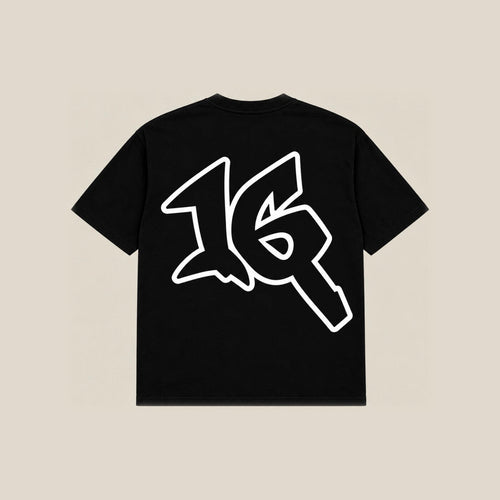 P16 Shirt in black, back, with the large 16 mark