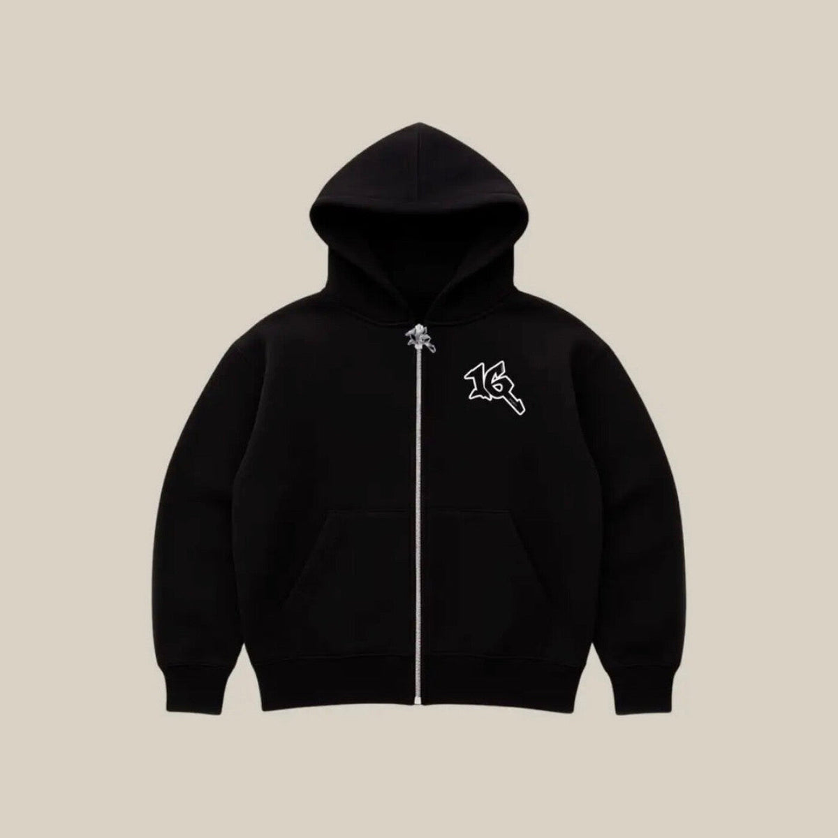 P16 Zip Up in black, front, with the 16 mark on the chest