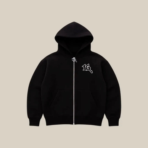 P16 Zip Up in black, front, with the 16 mark on the chest